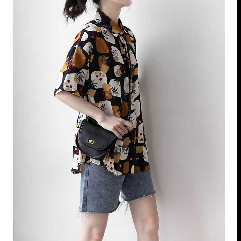 Summer New POLO Collar Fashion Printing Shirt Women High Street Short Sleeve Casual Button Cardigan Loose All-match Y2K Blouse