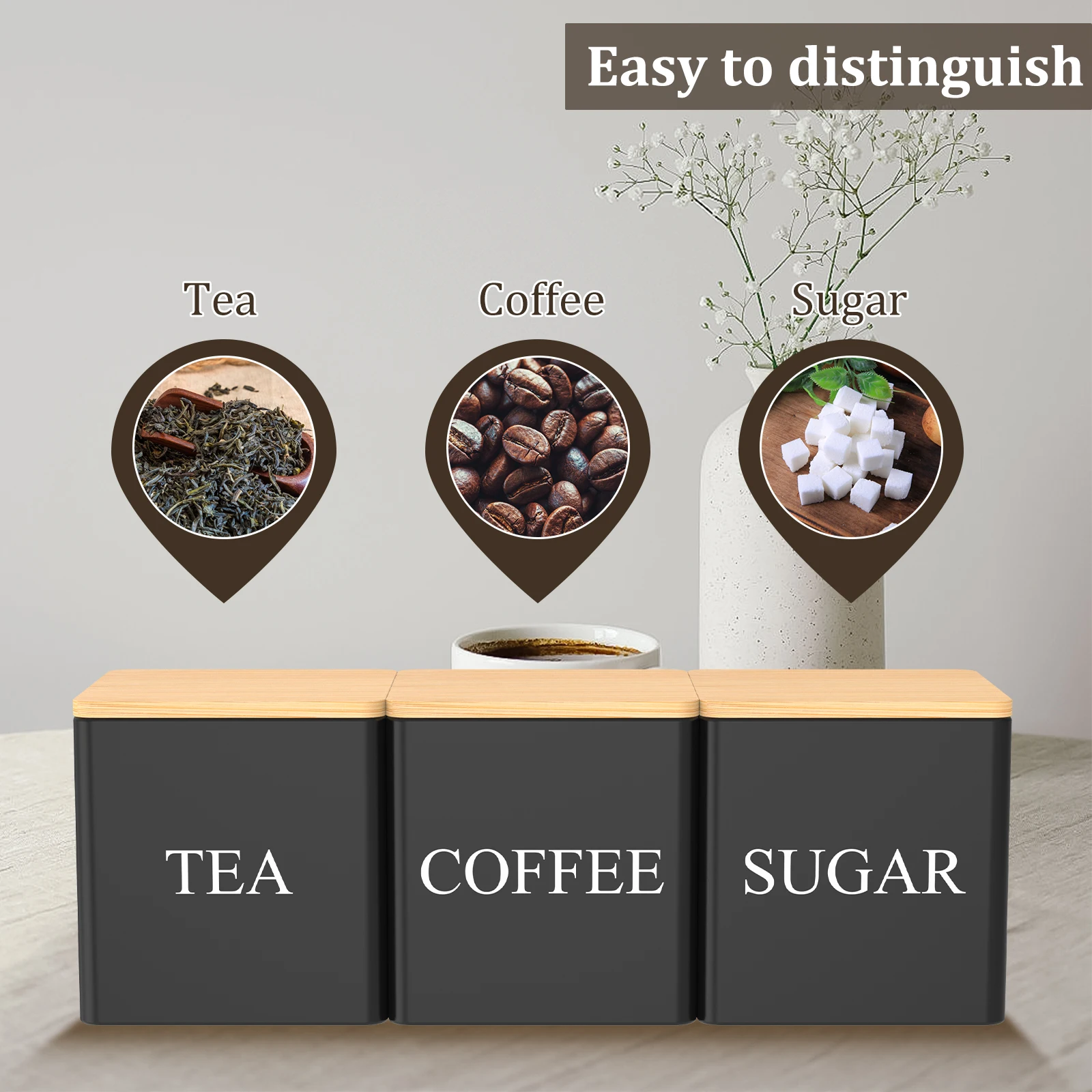3Pcs Coffee Bean Storage Canisters Tea Sugar Vacuum Sealed Jars Iron Canisters Heat Kitchen Cream Can Airtight Lid 4