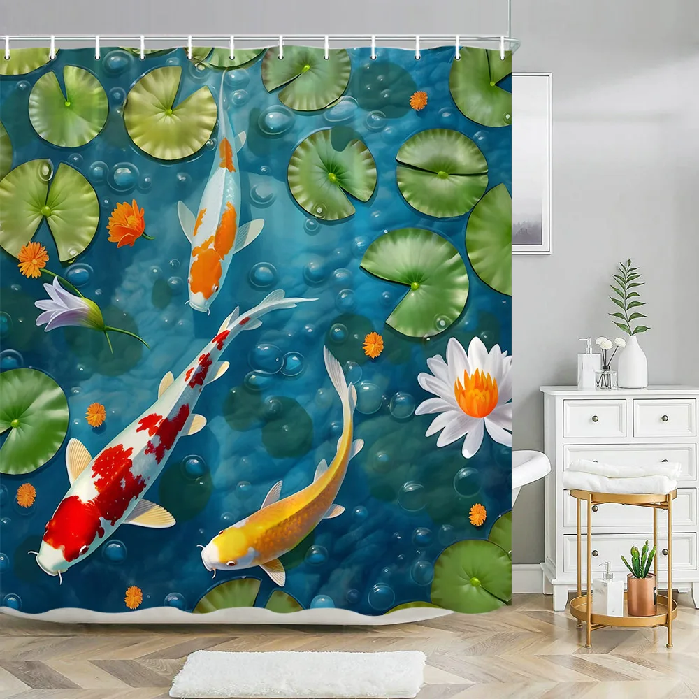 Koi Fish Lotus Shower Curtain Flower Green Lotus Leaf Japanese