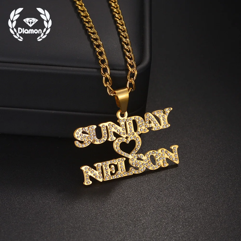 

Diamon Fashion Personalized Custom Name Necklace Stainless Steel Hollow Heart Zircon Pendant Thick Chain for Women Jewelry Gift