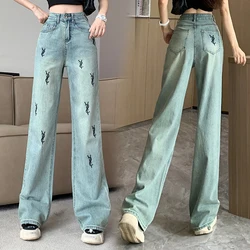 American style new high waisted slim letter embroidered wide leg pants straight leg jeans