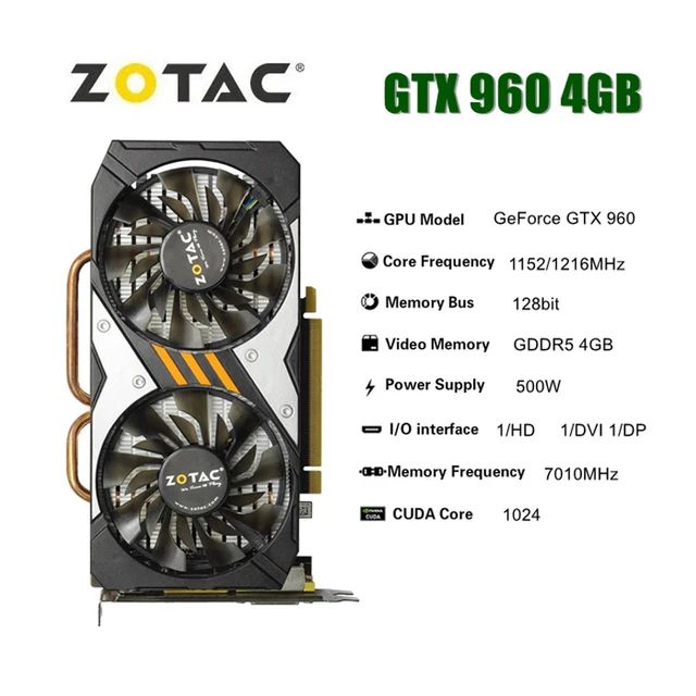 Used ZOTAC GTX 960 4GB 128bit GAMING Video Cards GTX960 4G GPU Graphic Card GDDR5	PCI Express 3.0 16X 3