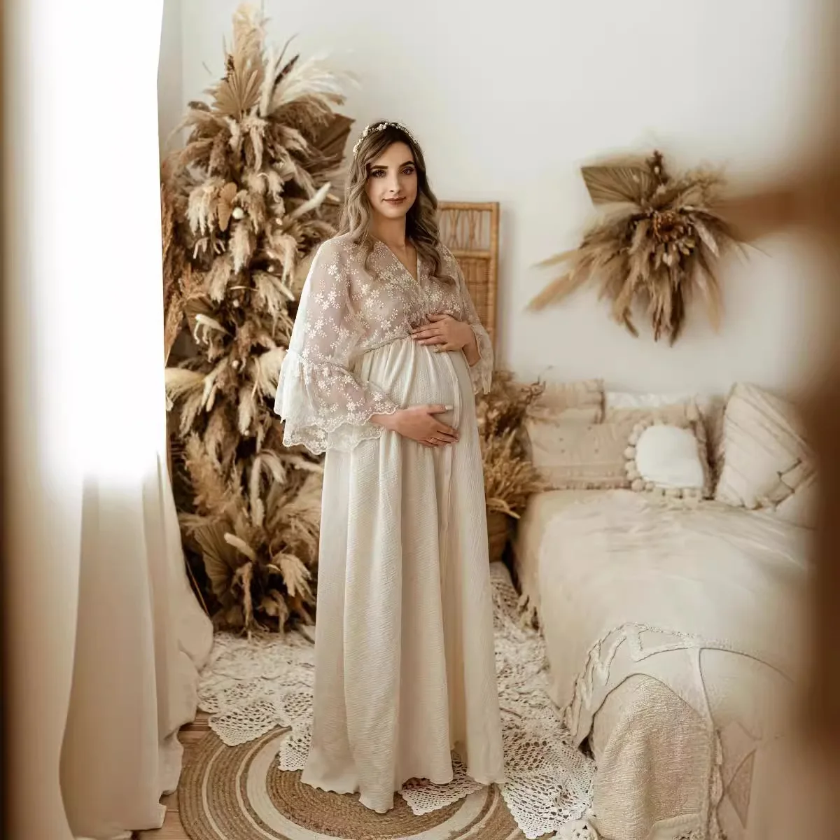 

Lace Maternity Photography Props Long Maxi Dresses Baby Shower Pregnancy Photo Shoot V Neck Cotton Gown Wedding