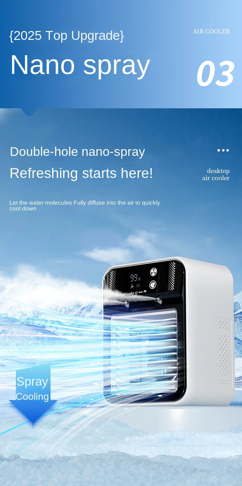 Description Picture 4 of itemNew Desktop Diffuser Fan Water Tank Air Cooler Portable Personal Cooling Device 3000mAh Humidifier Fan Low Voltage Operation Fan