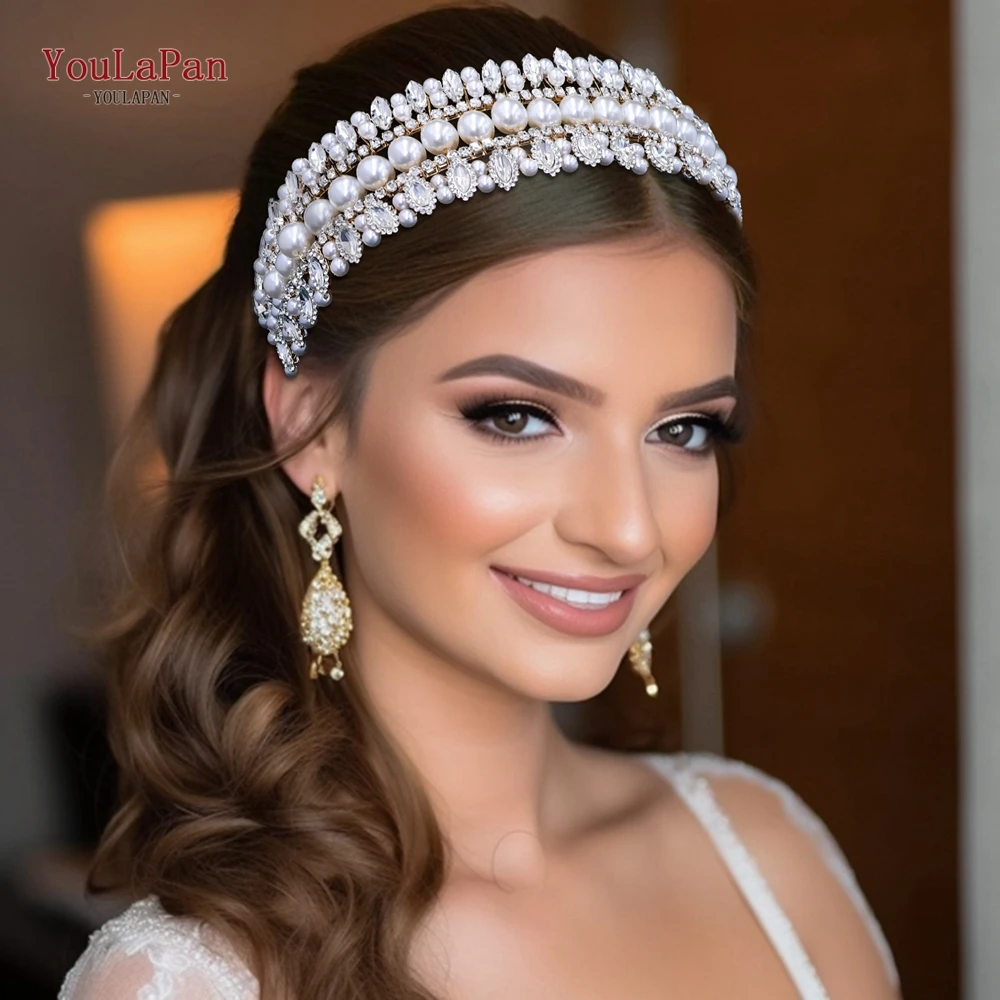 YouLaPan Bridal Headband with Pearls Rhinestone Woman Wedding Beaded Hair Accessories Luxury Gemstone Bridesmaid Headwear HP631