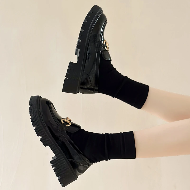 Leather Women Pumps Heels Loafers Metal Button Black Platform Women's Shoes Fashion JK Lolita Soft Soled Student Office Shoes
