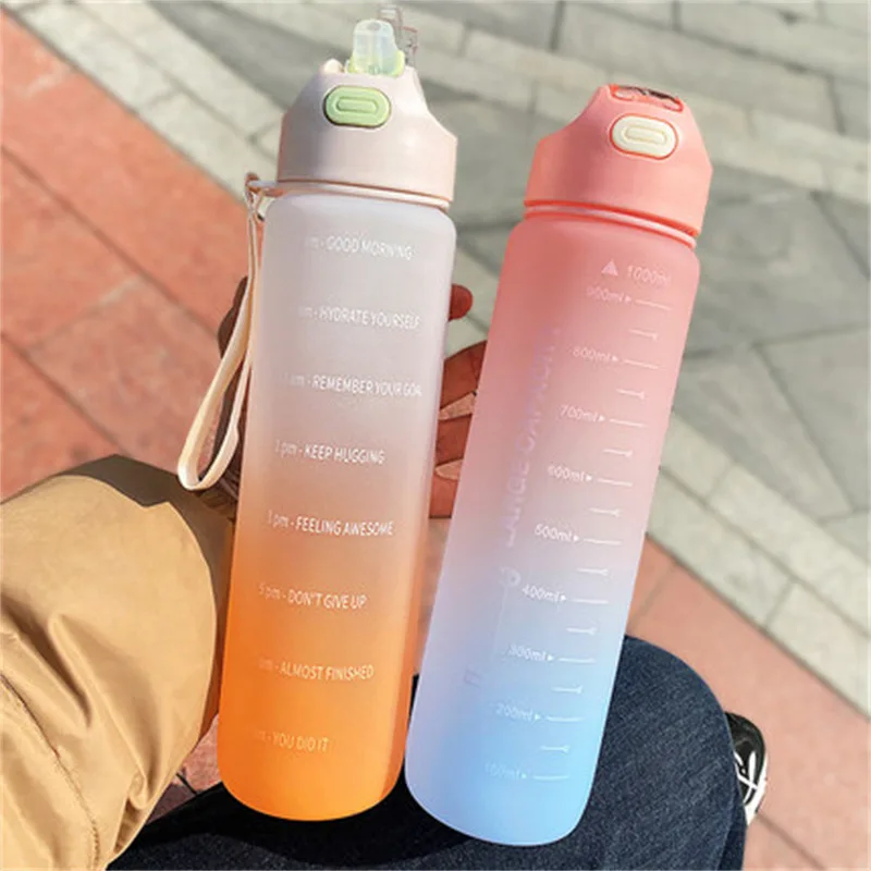 1000ml Water Bottle with Straw Large Capacity Cup Portable Plastic Water Cup Multi Color Camping Outdoor Sports Kettle Bottle