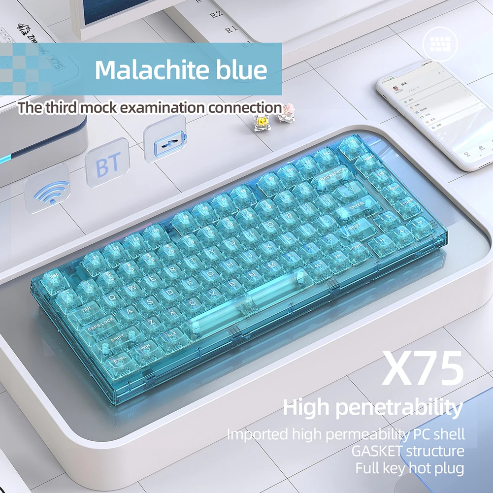 Cristal Transparente Gamer Teclado Mecânico Swappable Quente Teclado do Jogo com Fio Rgb Backlit Keycap Quente Swap para Computador Portátil X75 - Imagem 2