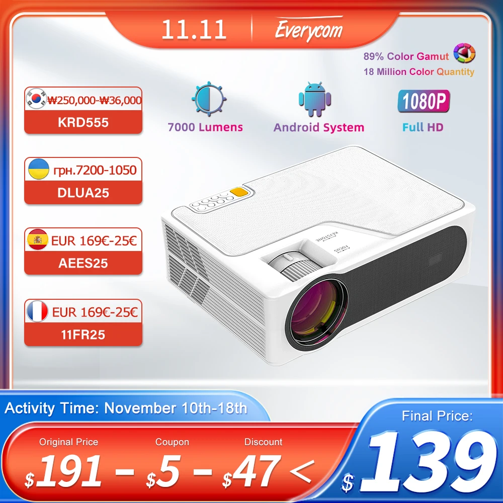 Everycom YG625 Projector LED LCD Native 1080P 7000 Lumens Support Bluetooth Full HD USB Video 4K Beamer For Home Cinema theater