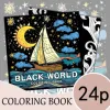 Black Themed Adult Coloring Book Multi-Element Art for Relaxation Featuring Flowers, Sailboats, Portraits, and Cosmic Designs 1
