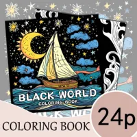 Black Themed Adult Coloring Book Multi-Element Art for Relaxation Featuring Flowers, Sailboats, Portraits, and Cosmic Designs 1