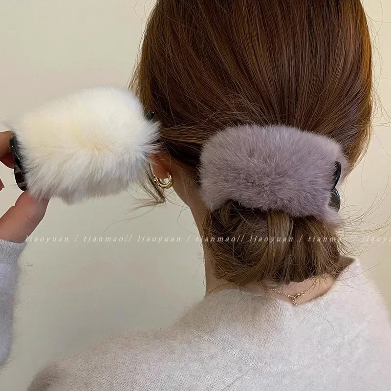 

Vintage Rex Rabbit Plush Hairpin for Women's Back Brain Spoon Cute Ball Head Clasp Hair Clip Autumn Winter Clip Headwear