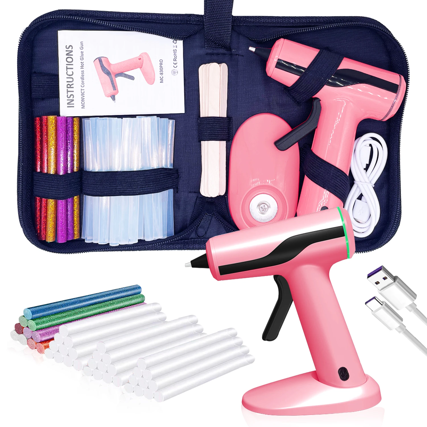 2200Amh Pink Cordless Hot Glue Gun Kit USB Chargeable Battery Charged with 40 Glue Sticks Carry Case 10 Wood Sticks Fast Heating