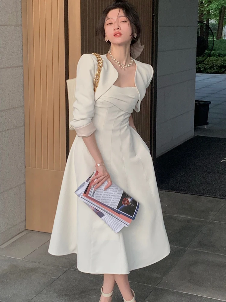 

High Waist Sexy Sling Slim Midi Dress Suit French Temperament Autumn Long Sleeve Cardigan Fashion Short Coat OL 2 Piece Sets