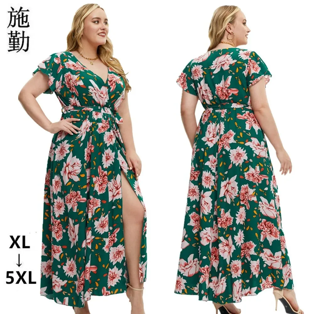 All-Over Print Women’s Stacked Hem Dress With Short Sleeve（Plus Size）