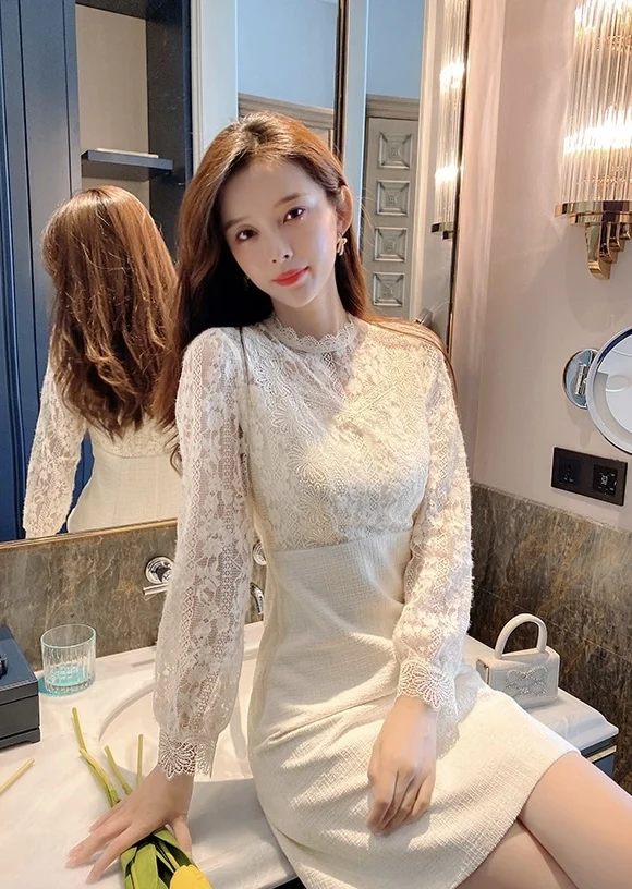 

Женское кружевное платье с воротником, осенне-зимнее ажурное платье с прострочкой, новинка 2023