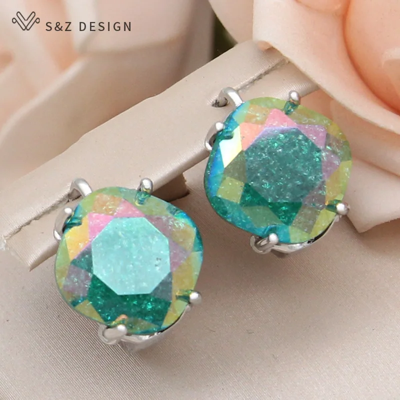 S&Z DESIGN New Fashion Square Ice Crack Crystal Dangle Earring For Women Wedding Stylish Jewelry 585 Rose Gold Color Eardrop