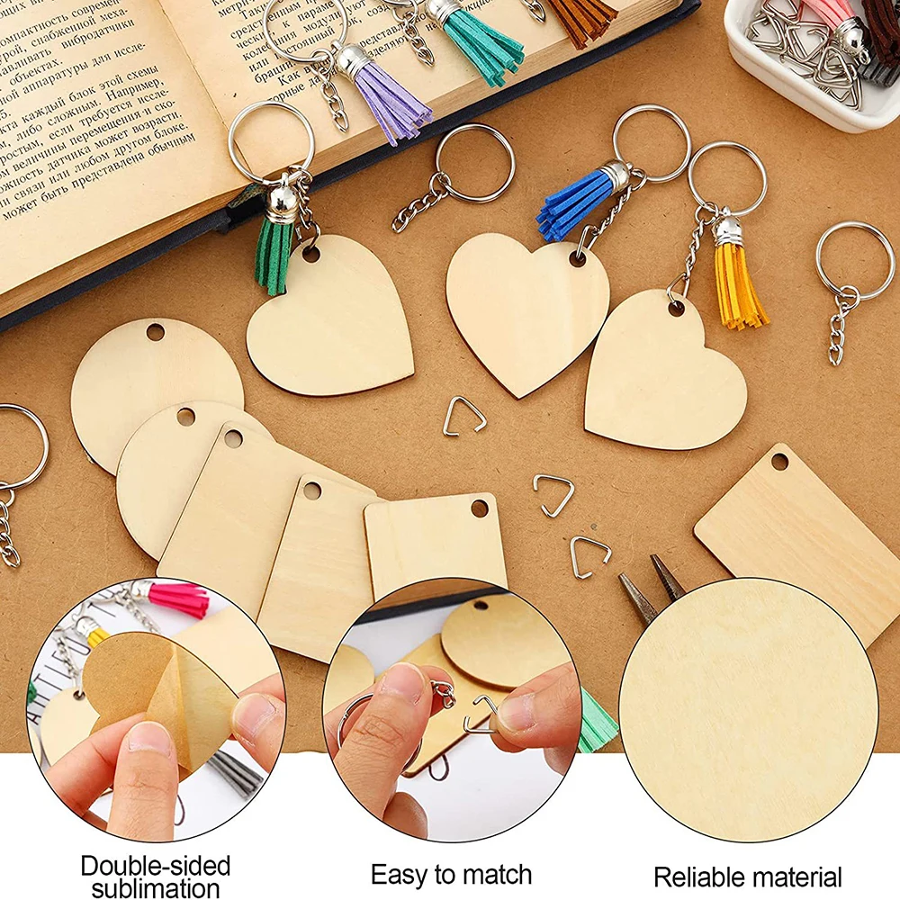 160Pcs Sublimation Blank Keychain Unfinished Wood Keychains Key Ring Jump Ring Tassels for Ornament Making DIY Art Craft Supplie