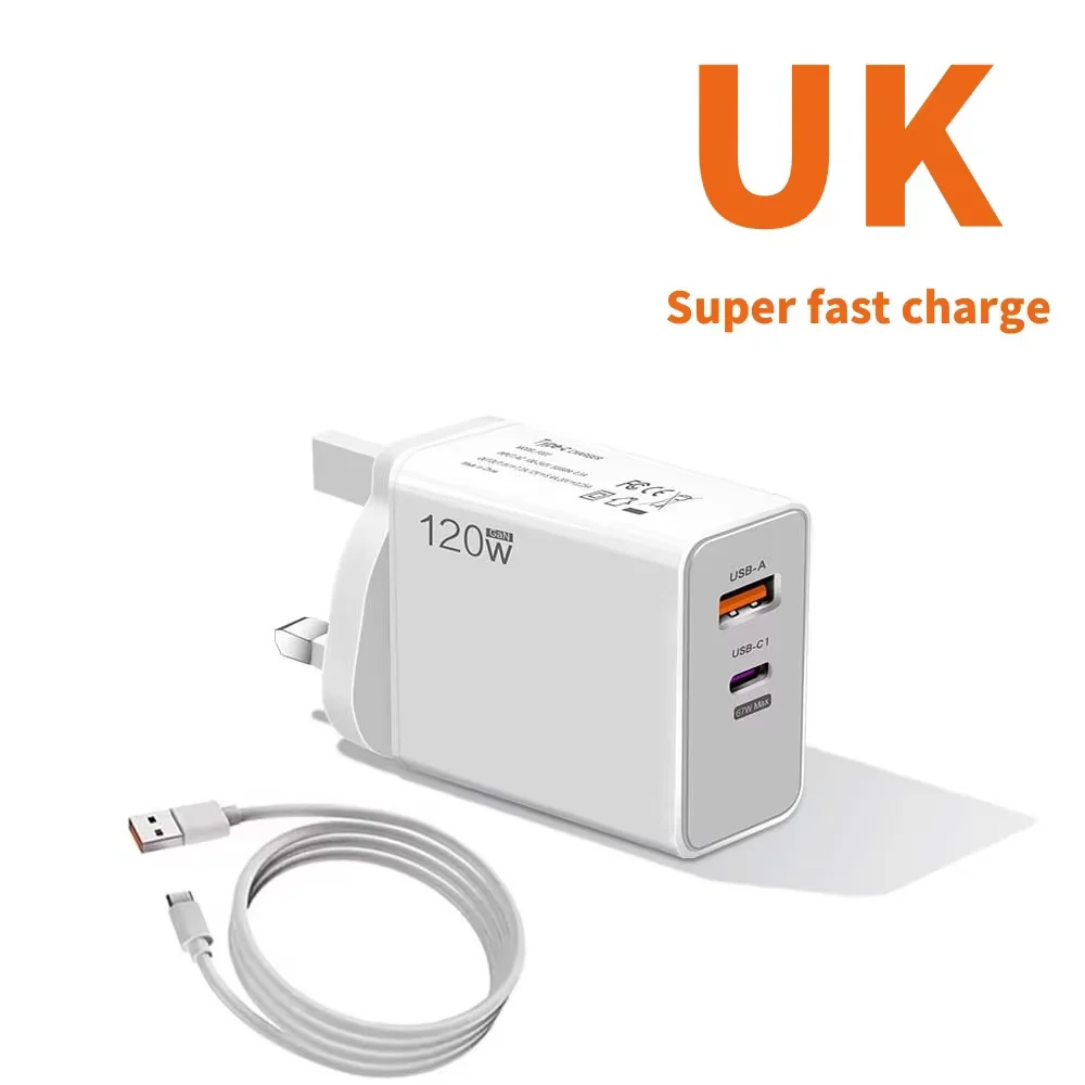120W Turbo Fast Wall Hypercharge Adapter with 6A USB Type C Cable
