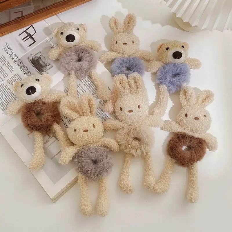 Cute Cartoon Bear Rubber Band for Girls Plush Ponytail Rabbit Hair Tie Elastic Hair Ring Headwear Girls Kids Hair Accessories