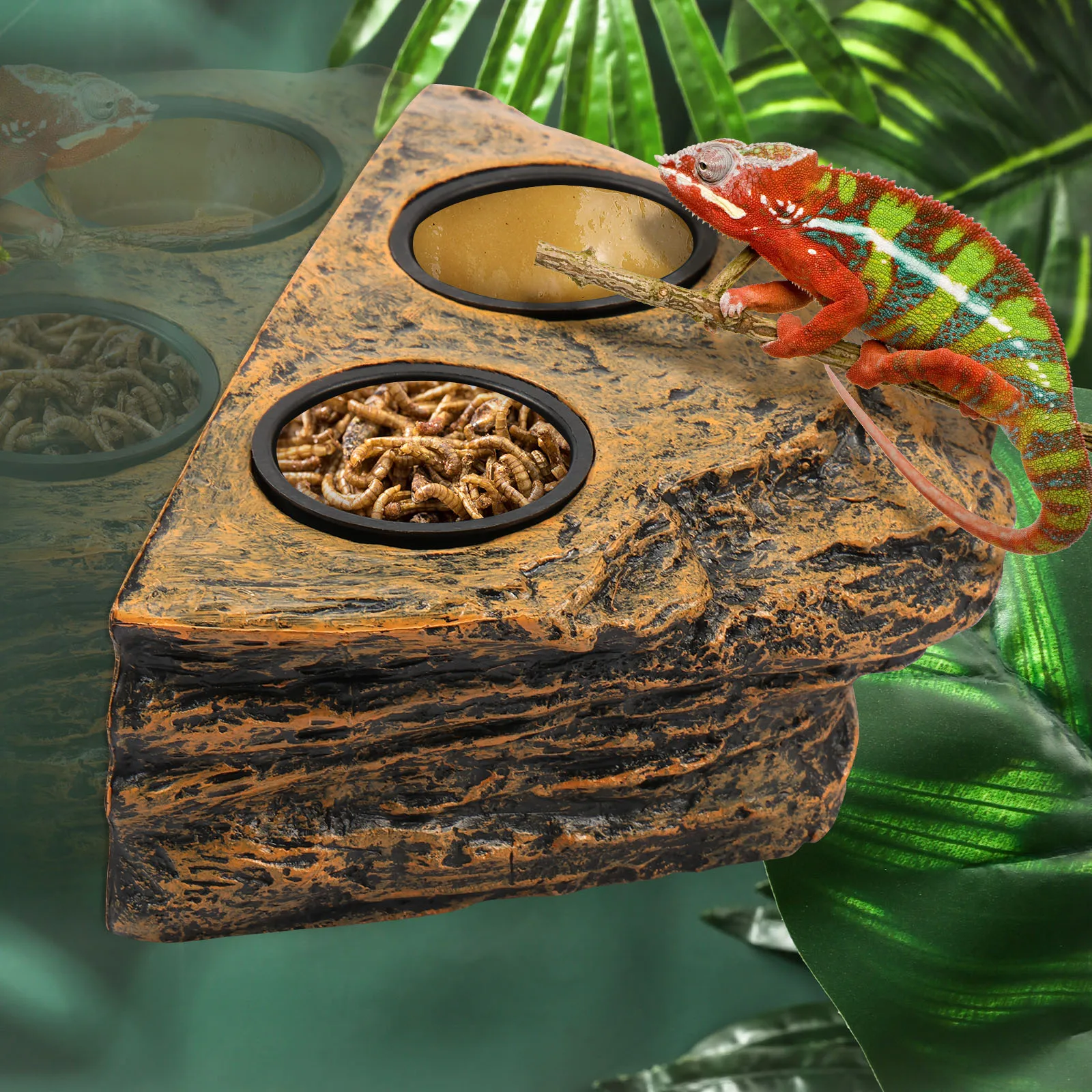 Hanging Reptile Feeding Bowl Plastic Reptile Food Water Dish Double Bowl Imitation Rock Magnetic Feeder Ledge for Lizard Gecko