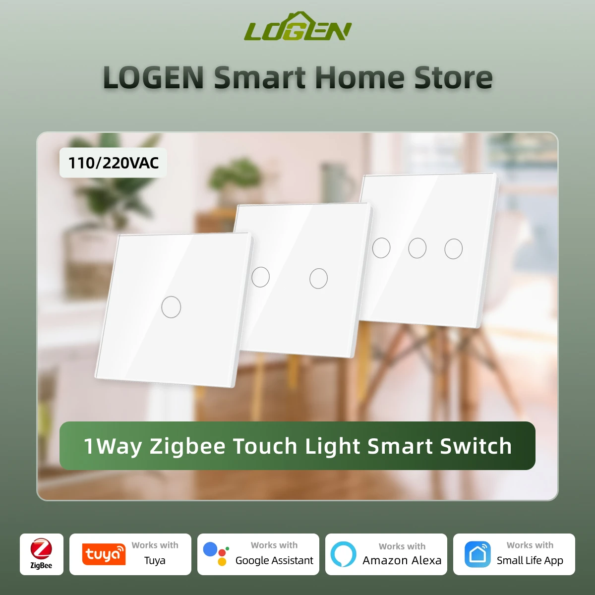 

NEW EU Zigbee White Smart Light 220V Switch 1/2/3Gang 1Way Tuya App Compatible Alexa Google Tempered Glass Panel Blue Backlight