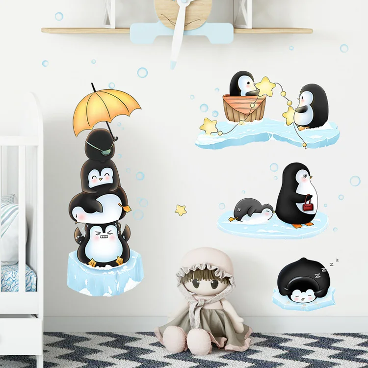 Cartoon-Pinguine, die mit Eiswürfeln spielen, Wandaufkleber für Kinderzimmer, Dekoration, Tapete, abnehmbar, für Babyzimmer, Heimdekoration, Wandbild – Detail 5