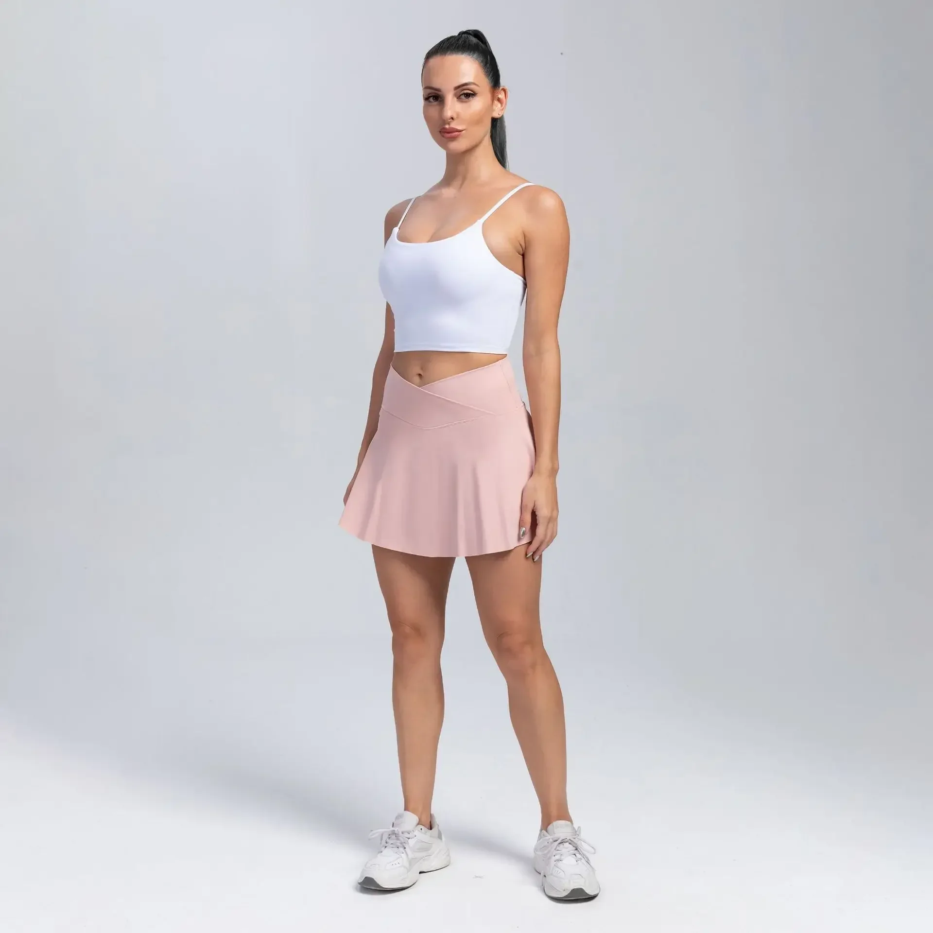 2-in-1 Solid Overlap Tennis Skirts With Shorts, High Waist Inner Pocket Golf Yoga Shorts, Women's Activewear