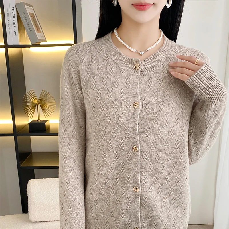 

Merino Wool Knitted Crewneck Cardigan Women Senior Button Long-Sleeved Top Loose Simple Solid Color Sweaters Spring Autumn Basic