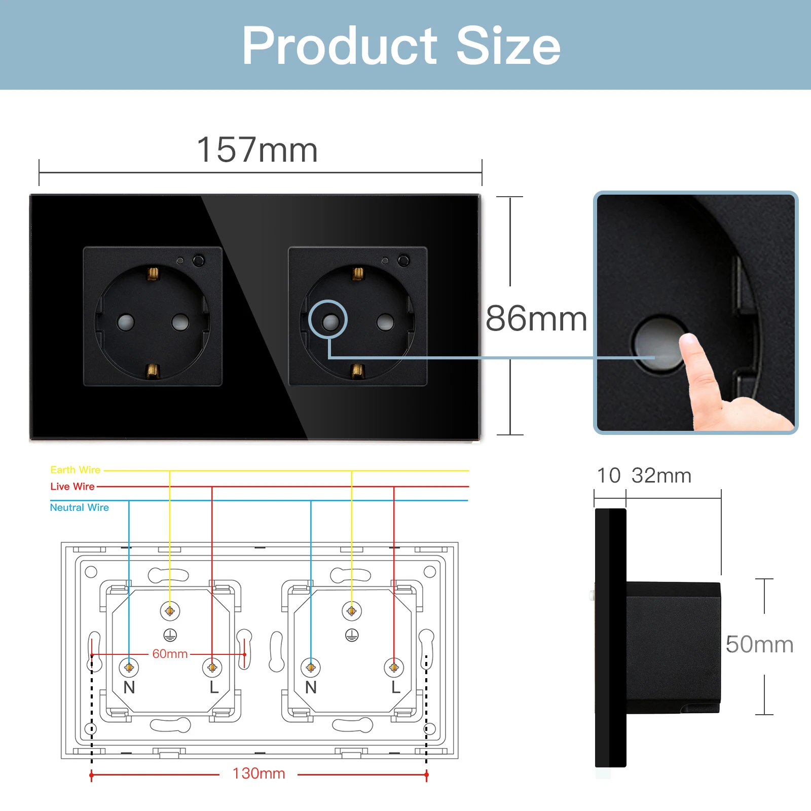 BSEED 더블 소켓 Wifi EU 표준 벽 소켓 16A 110V-250V 전원 모니터 소켓 Tuya Google alexa에 대한 유리 패널 지원