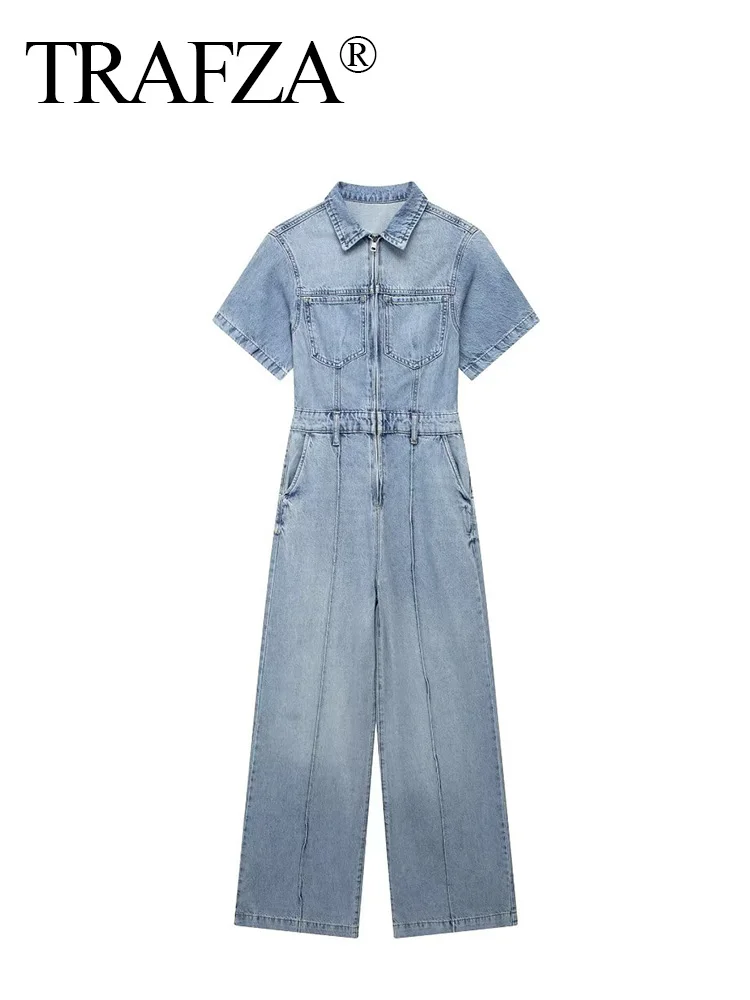 

TRAFZA 2023 Social Blue Denim Jumpsuit Summer Jumpsuits Women Elegant Overalls Lapel Collar Short Sleeve Pocket Long Jumpsuits