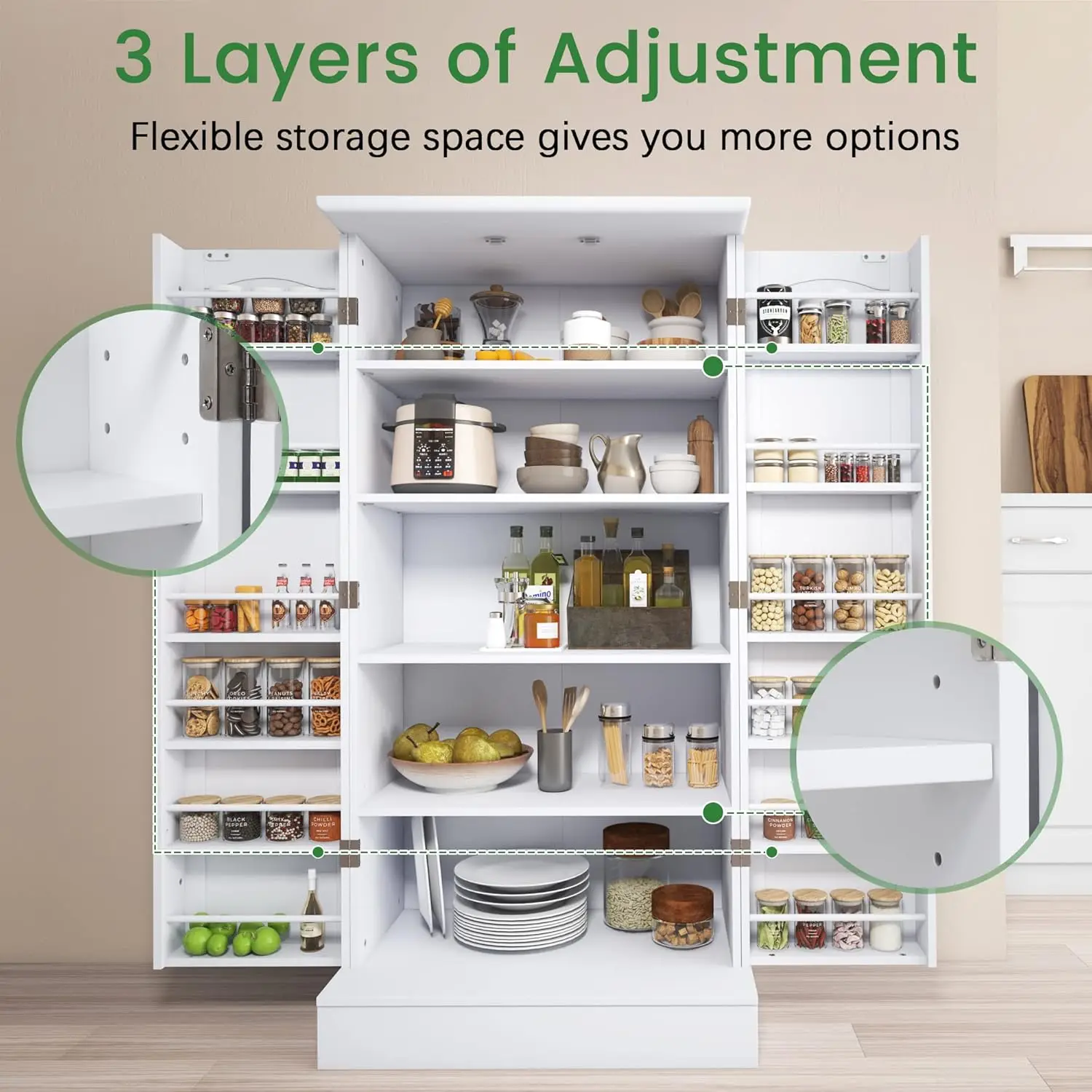 47” Kitchen Pantry Cabinet, White Freestanding Buffet Cupboards Sideboard with Doors & Adjustable Shelves Kitchen Pantry Storage 6