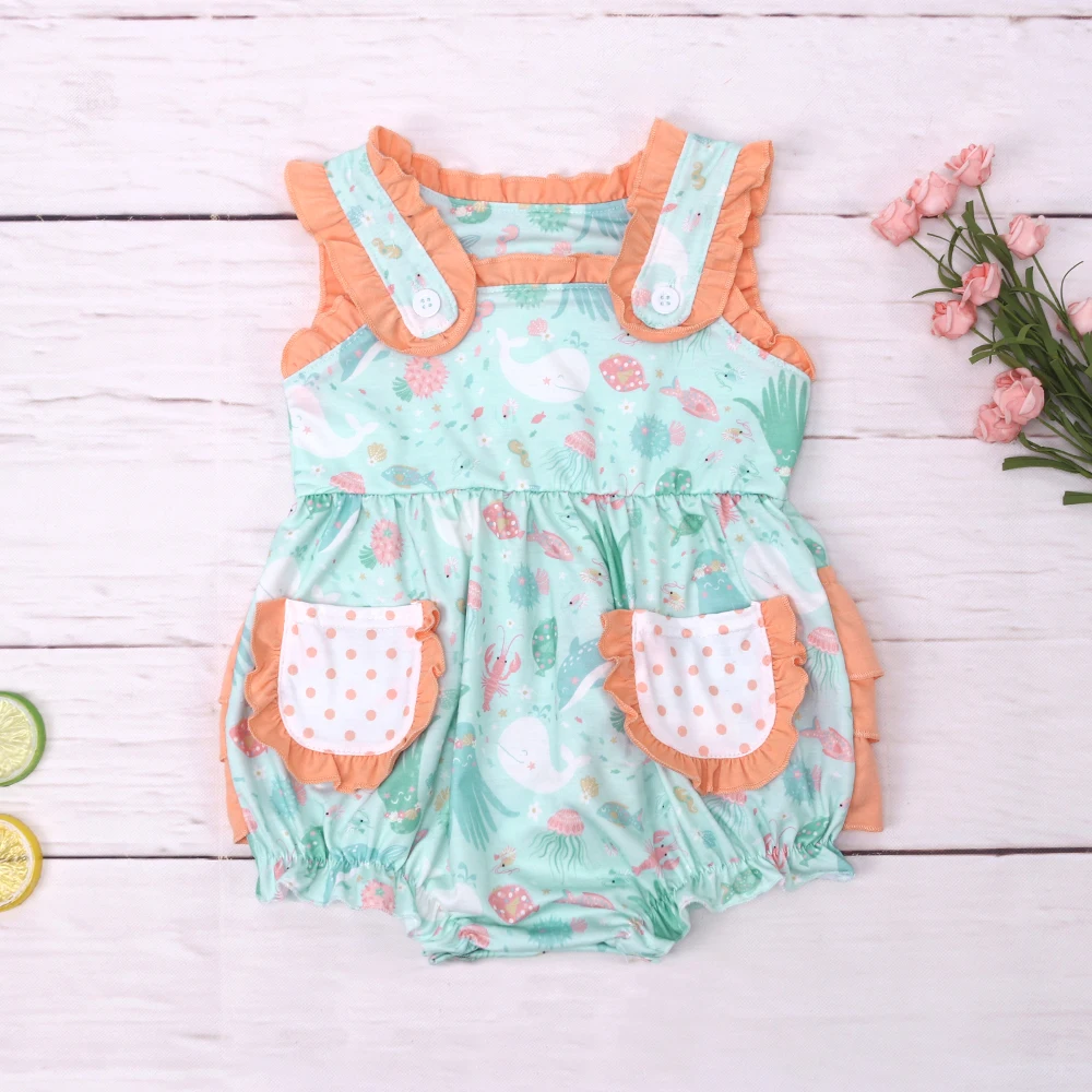

Fashion New Summer Sleeveless Orange Fold Baby Girl Jumpsuit Square Neck Whale Print Bodysuit Pocket Green One-Piece Clothes