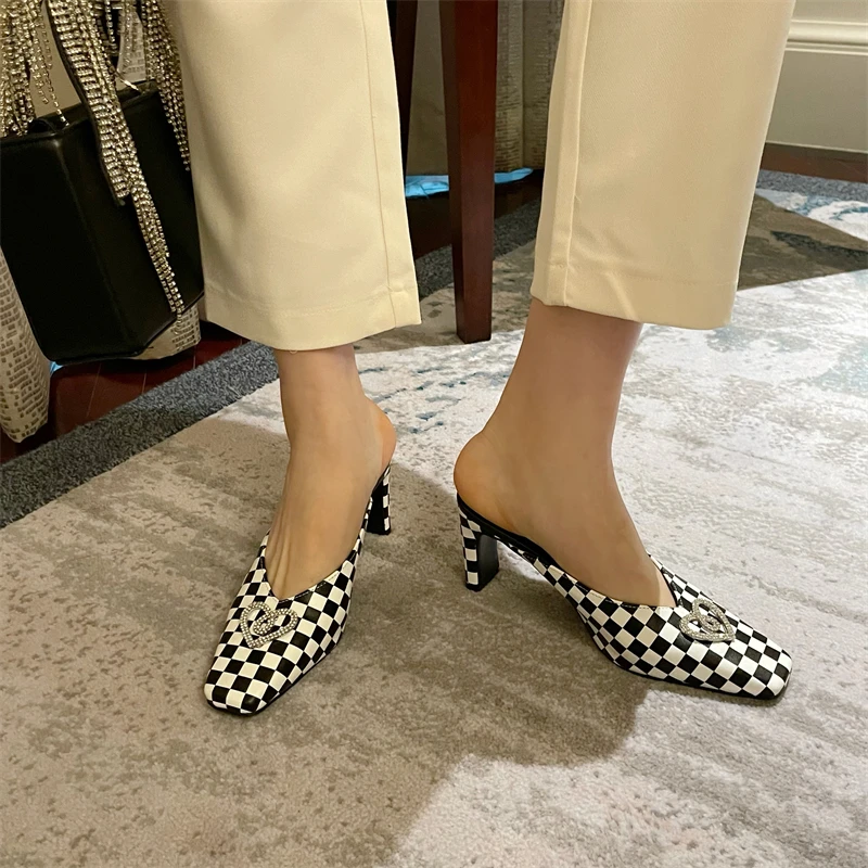 Chessboard Heart Shaped Rhinestone Women's Slippers Summer Thick High Heels Shoes Plaid Square Toe Slip On Slides Dress Shoes