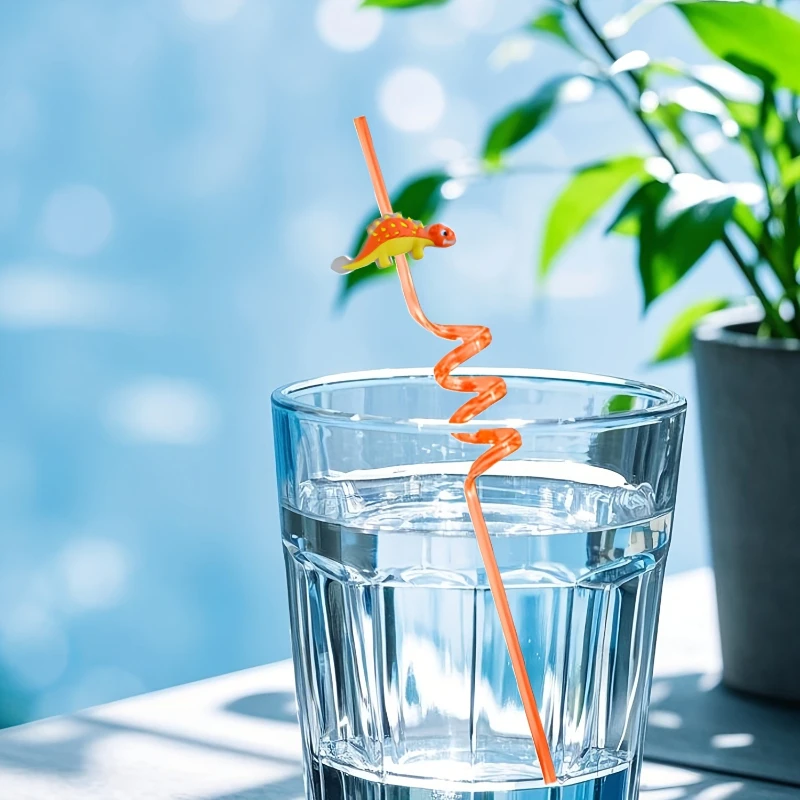 8 PCS Dinosaur Gift Pack Straw Accessories Cartoon Patch Art Design Birthday Party Cute Spiral Creative Straw Party Small Gifts