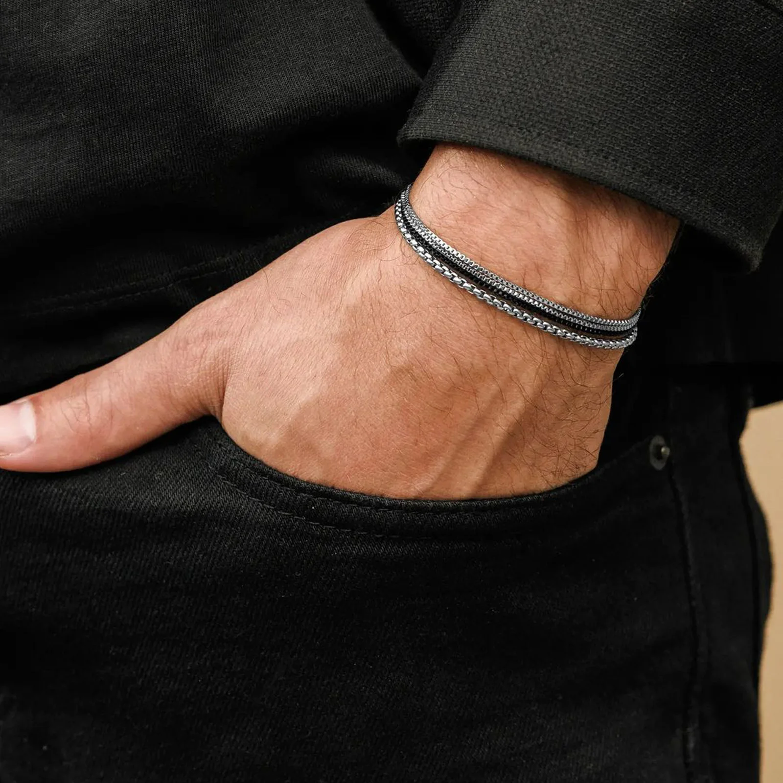 Men's Chain Bracelets Stainless Steel Adjustable Box Chain Wristband Stylish European Male Jewelry Gifts 4pcs