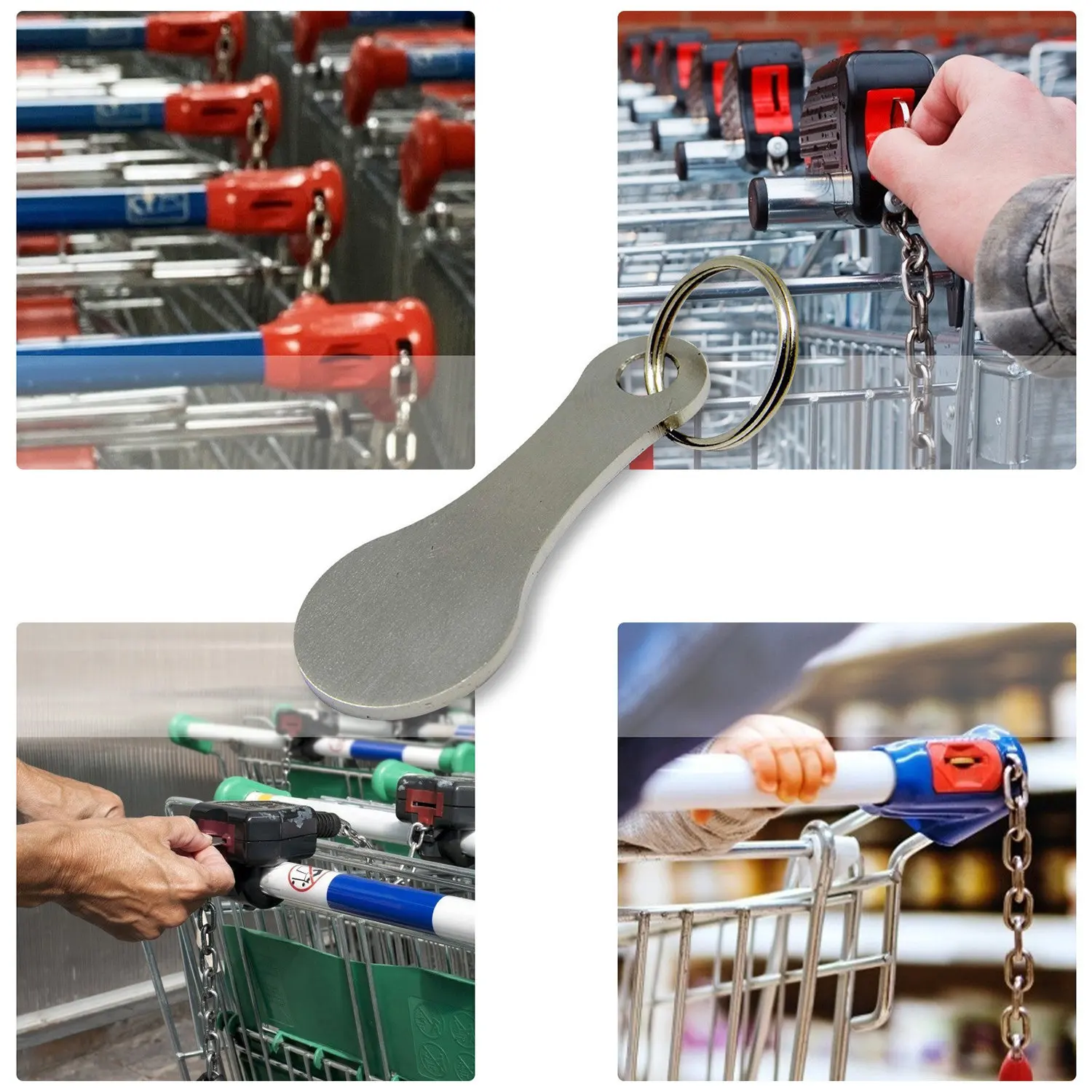 6 Trolley Con Keyrng Removable Supermarket £1 Pound Shoppng Cart - Foto 4