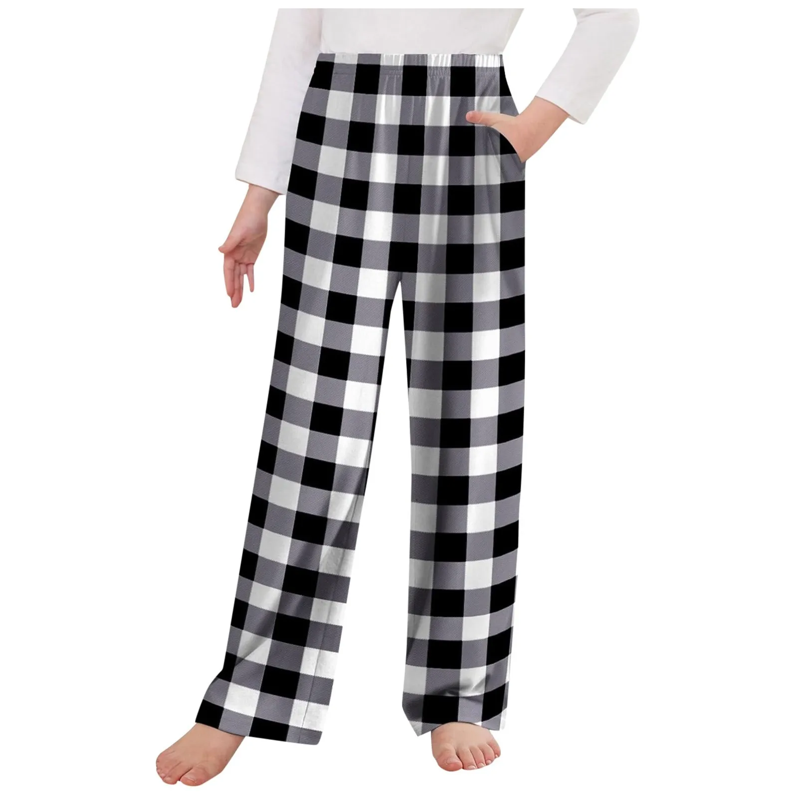 Y2k Style Autumn Plaid Print Pajamas Pants For Kids Girls Straight-Leg Soft Pj Bottoms Elastic Waist Block Color Homewear Pants
