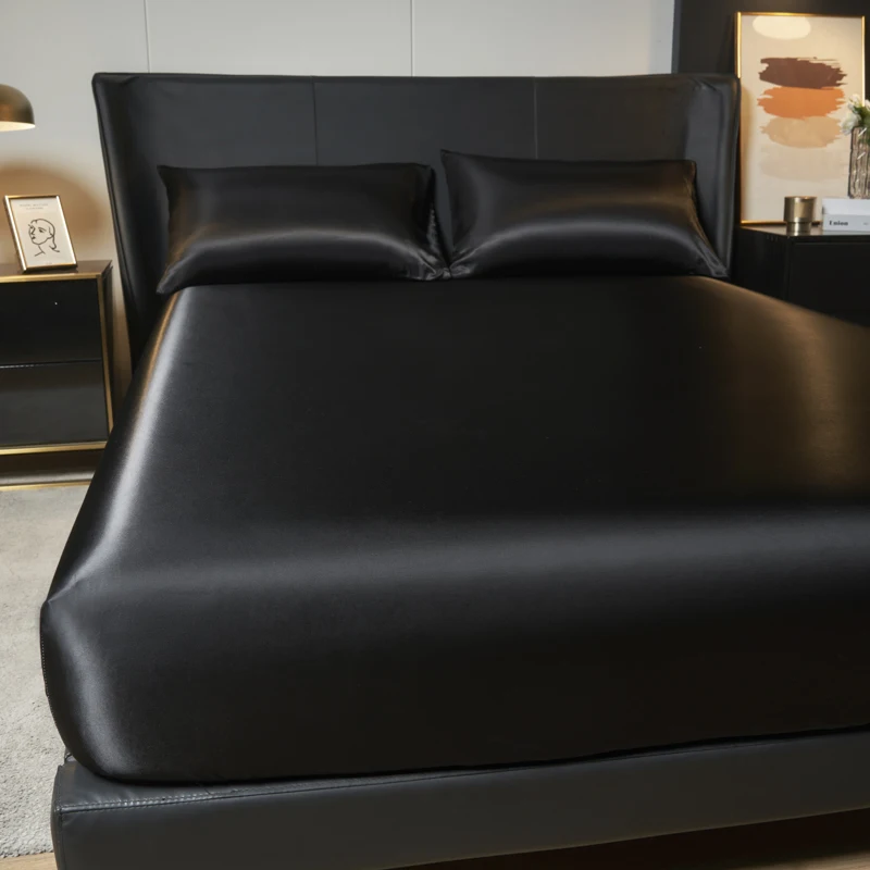 1/3Pc Satin Fitted Sheet Solid Colour Single Twin Full Queen King Ice Silk Mattress Cover Natural With Elastic Band Bed Sheet 2