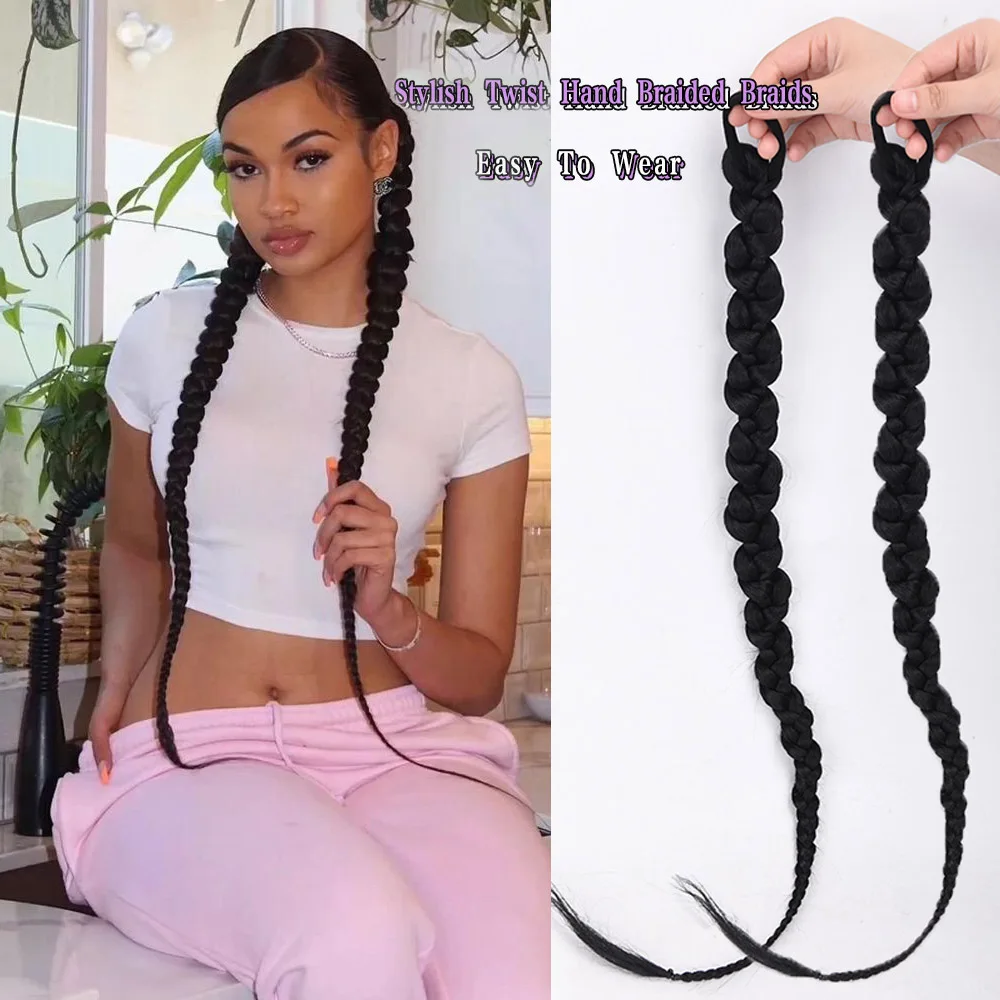 

LANLAN Synthetic Braids Ponytail With Elastic Rubber Bands Hip Hop Boxing Braids Braided Ponytail Extension Black Hairpieces.
