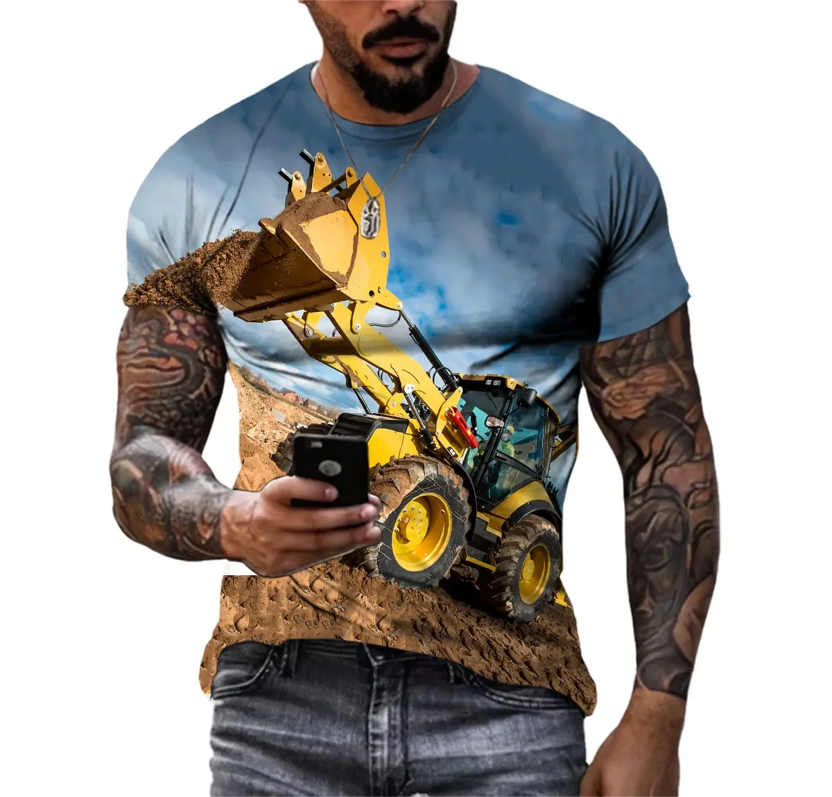 New Men's Summer T-shirt Engineering Truck Excavator 3d Printed Pattern Personality Bulldozer Tractor O Collar Plus Size Top T-s
