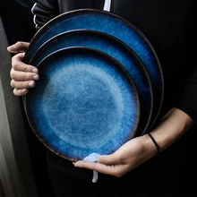 

1PC RELMHSYU Japanese Style Retro Deep Blue Series Ceramic Western Food Round Plate Steak Dinner Plate Household Restaurant Set