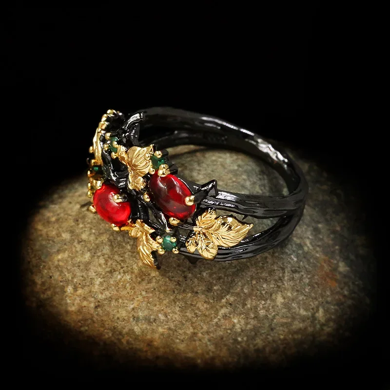 Leaf Flower Color Zircon Ladies Women's Ring Jewelry Black Gold Two-color Red Zircon Ring Ladies golden ring gemstone ring gold rings
