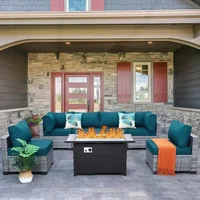 7-piece Set of Willow Terrace Furniture, PE Rattan Outdoor Segmented Sofa, Table with Fire Pit, Anti Slip Mat, and Furniture Set 1