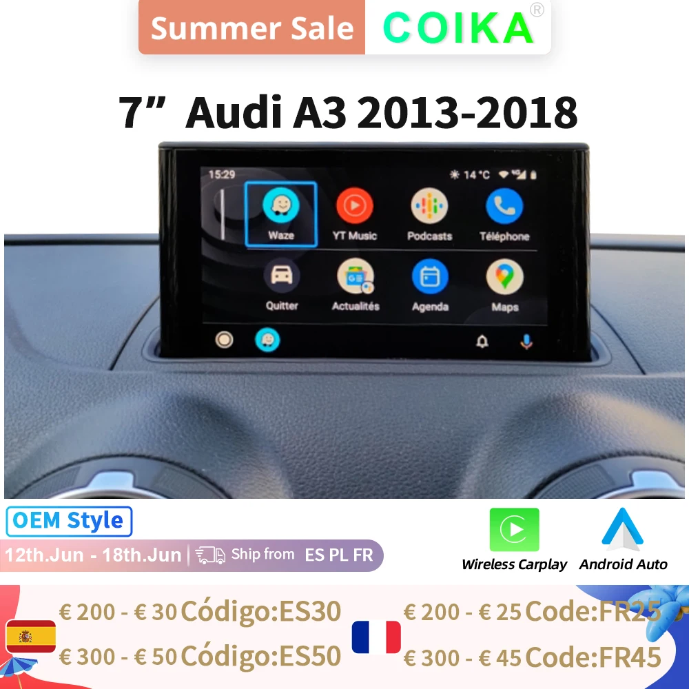 7" Wireless Carplay GPS Navi Receiver Car Monitor For Audi A3 2013 2018