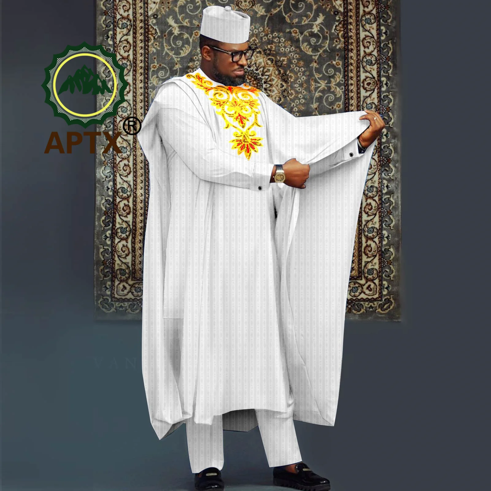 African Suits for Men Agbada Robe Shirts Pants and Tribal Hat Set Dashiki Outfits Traditional Attire Wedding Banquet A2316040