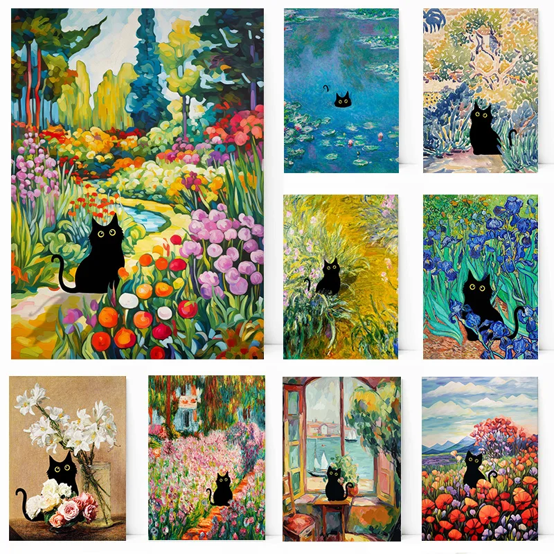 Animal Garden Waterlily Black Cat Funny Cute Tree Poster Print Wall Art Pictures Canvas Painting Soggiorno Camera Da Letto Home Decor