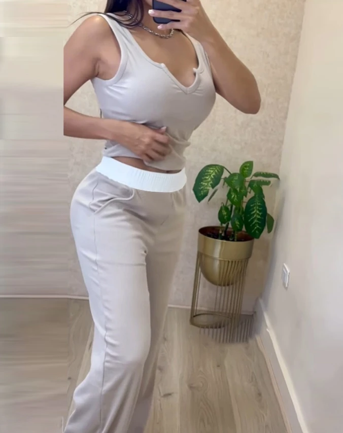 Women Clothing New Fashion Notch Neck Top & Colorblock Pocket Design Pants Set 2024 Summer Women's Casual Trousers Outfits