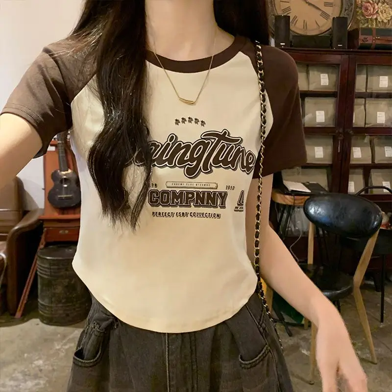

Женская футболка с коротким рукавом, летняя Приталенная футболка контрастных цветов с круглым вырезом и короткими рукавами, корейская мода