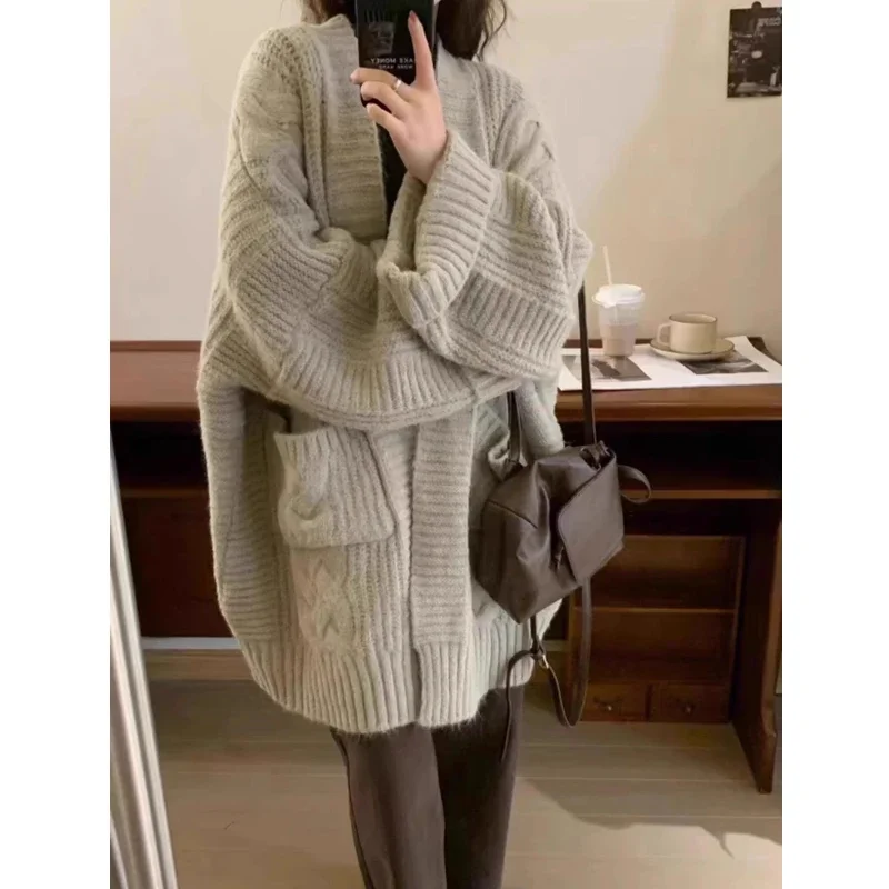 Winter Cardigan Women's Pocket Sweater Korean Loose Knitted Cardigan Casual Solid Knit Jacket Medium Long Thick Autumn